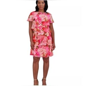 Jessica Howard Assym Chiffon Tiered Dress Pink Floral Lined 6 Petite Wedding